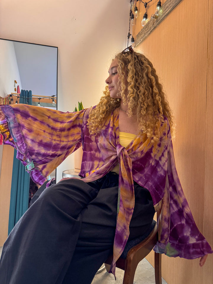 Purple and Yellow Tie Dye - Crepe Sari Zeppelin Crop Shrug OOAK