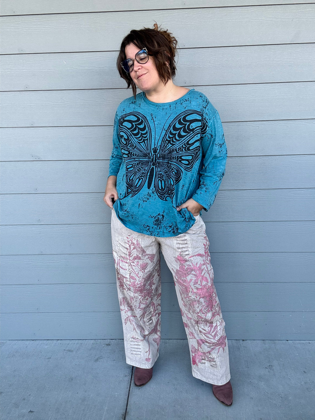 Teal Butterfly Print Distressed Top