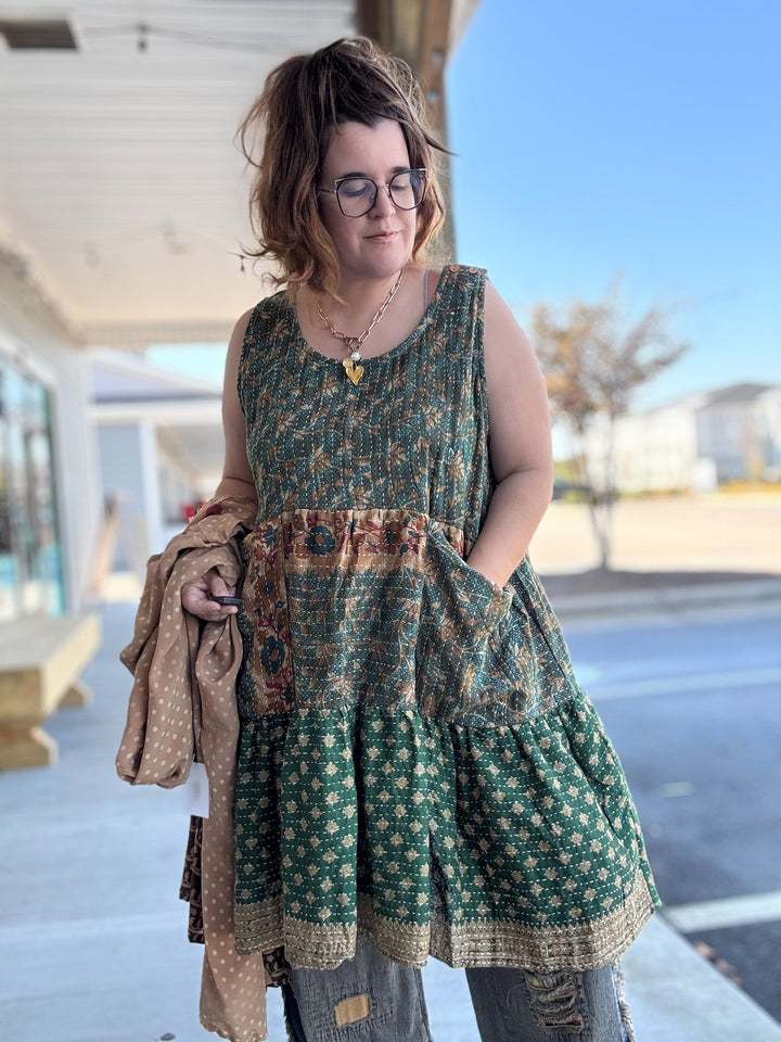 Forest Shade - Kantha Meadow Mini Dress OOAK