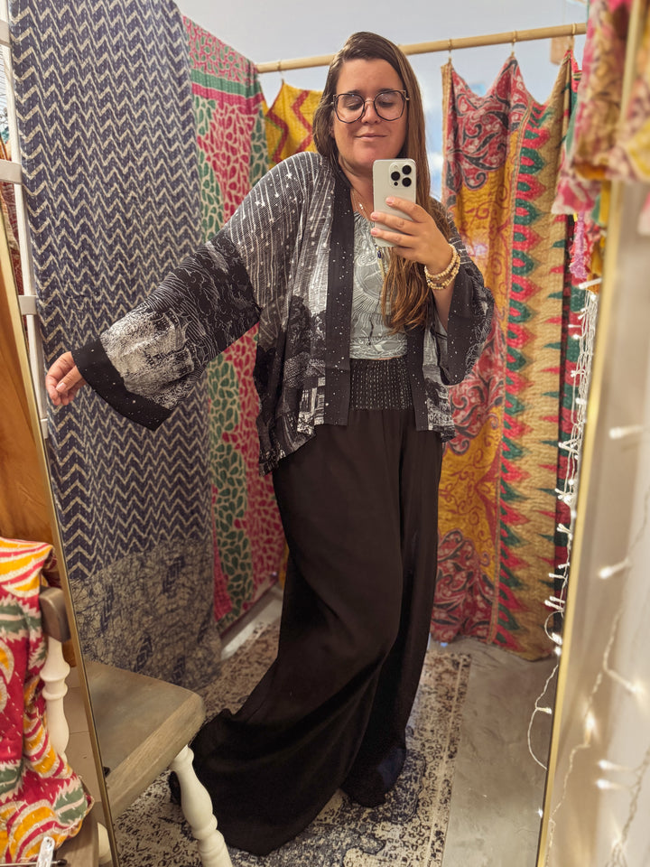 Stargazer Cropped Bamboo Kimono Cardigan with Falling Stars