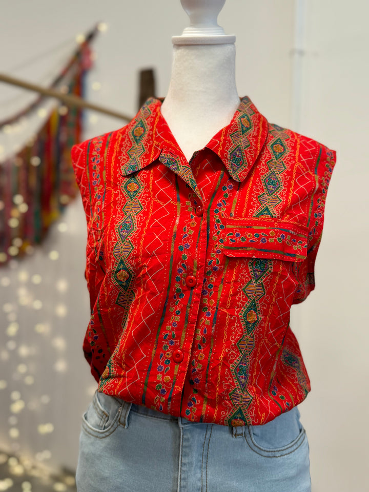 Upcycled Top - Sleeveless Button-Up Blouse - Cinched Waist