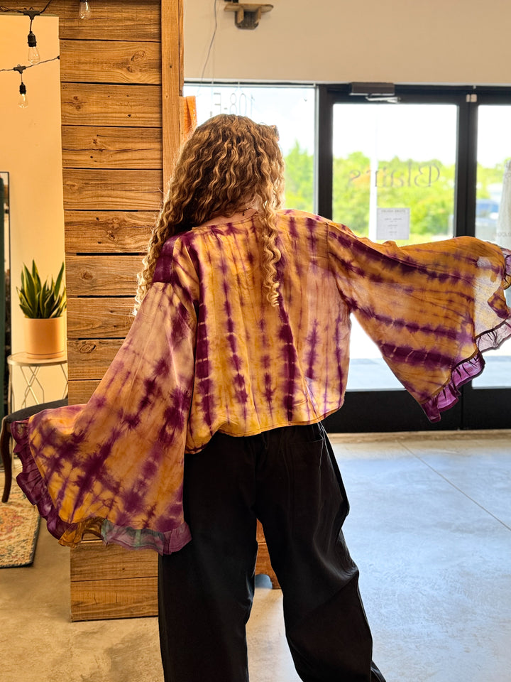 Purple and Yellow Tie Dye - Crepe Sari Zeppelin Crop Shrug OOAK