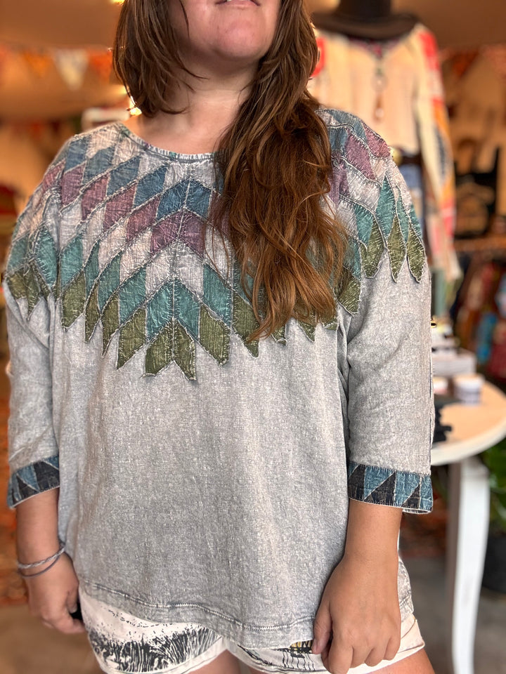 Diamond Patchwork 3/4 Sleeve Top