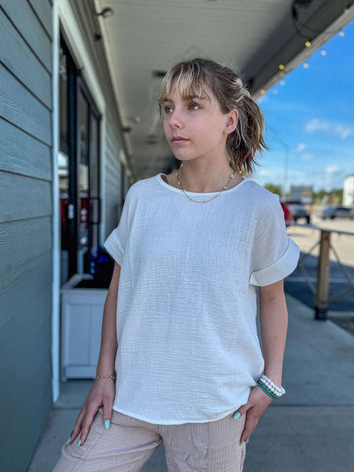 COTTON GAUZE ROLL CUFF TEE