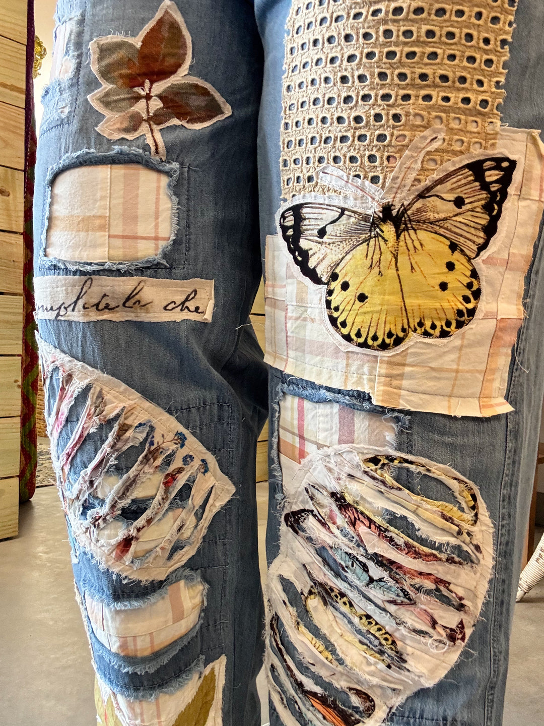 Distressed Patched Jeans with Butterfly Appliqué - Paper Lace