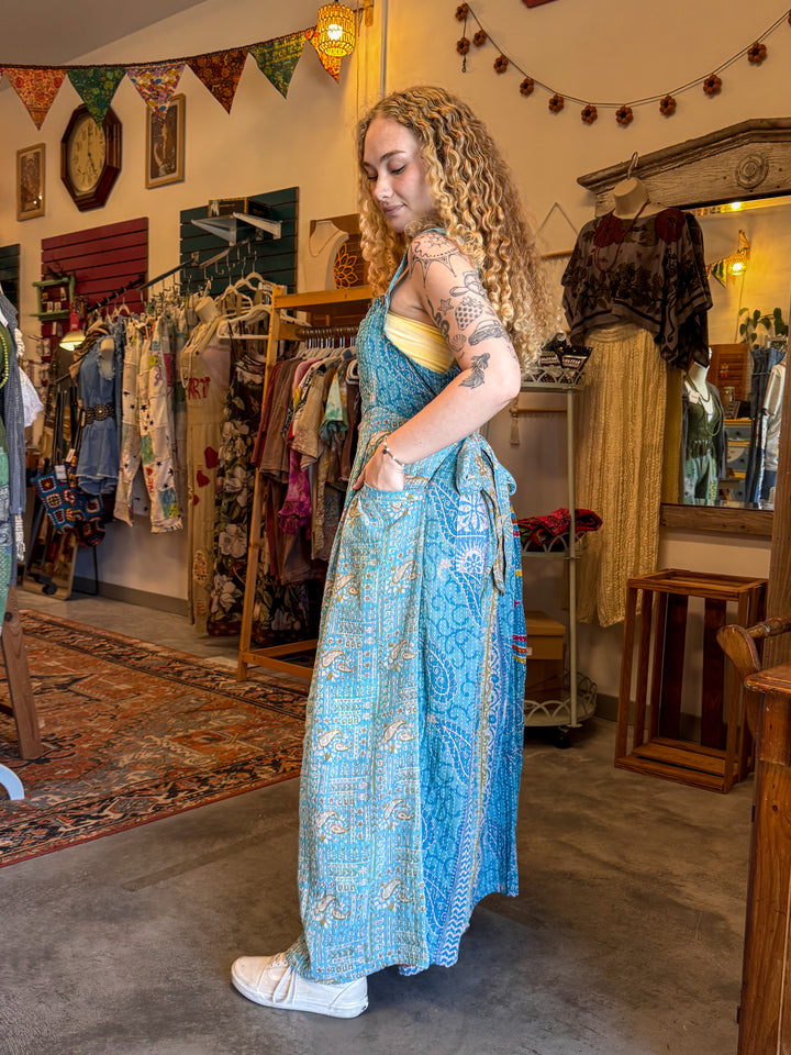 Blue Daze - Pareo Kantha Crossroad Overalls OOAK