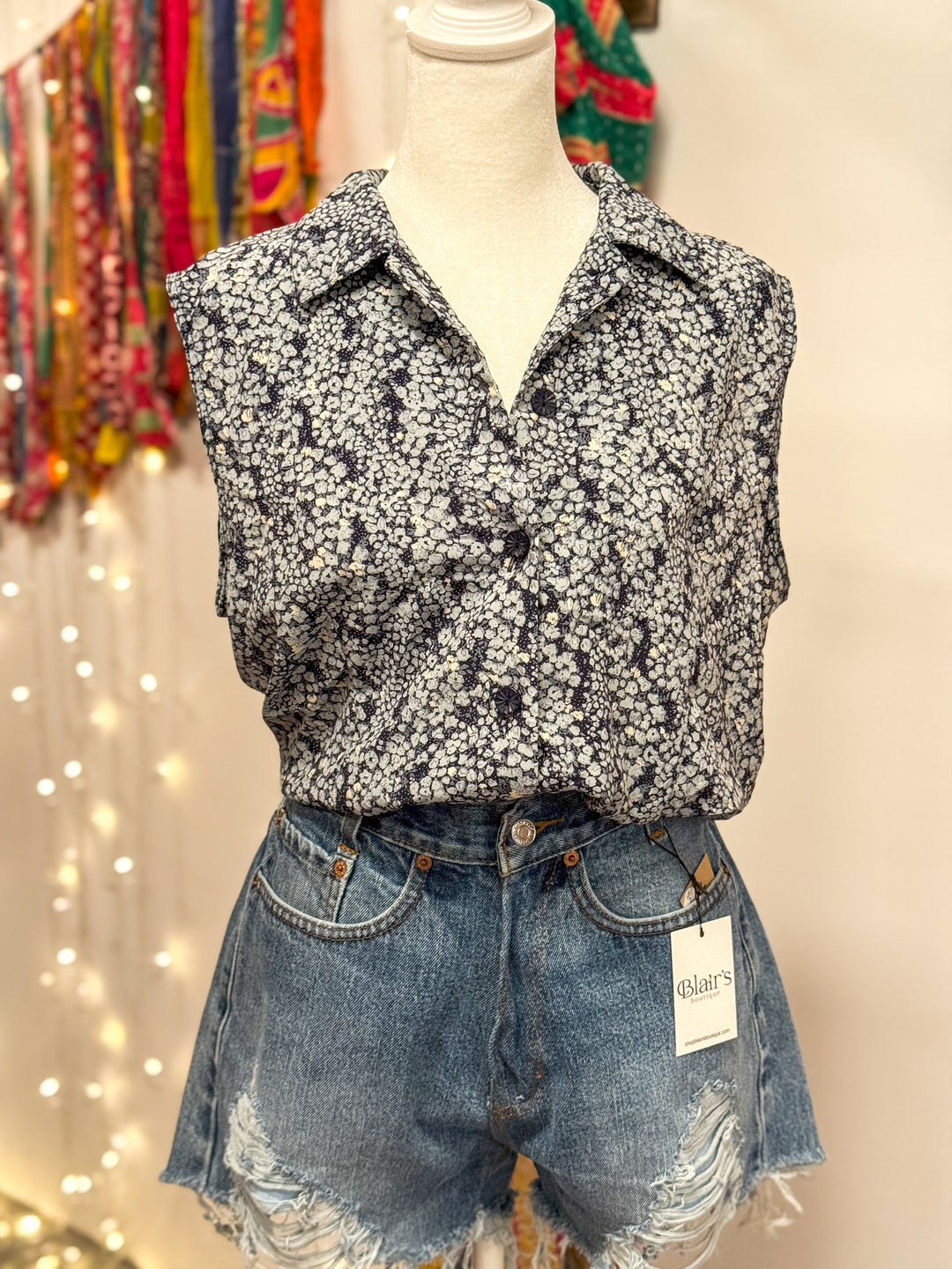 Upcycled Top - Sleeveless Button-Up Blouse - Cinched Waist