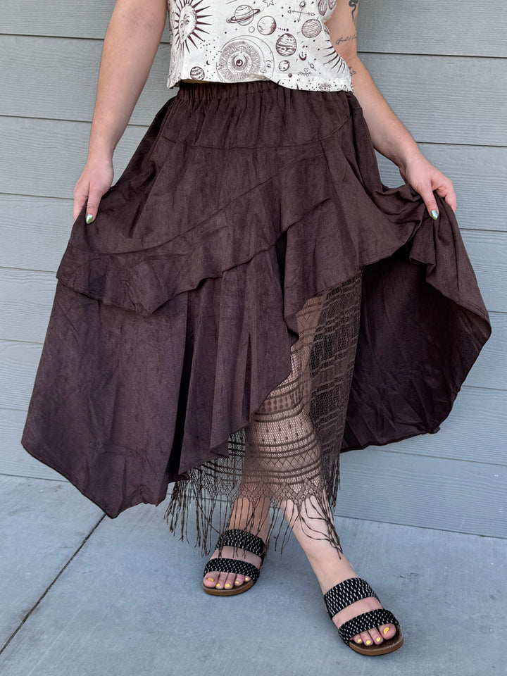 Boho Layered Lace Hem Midi Skirt