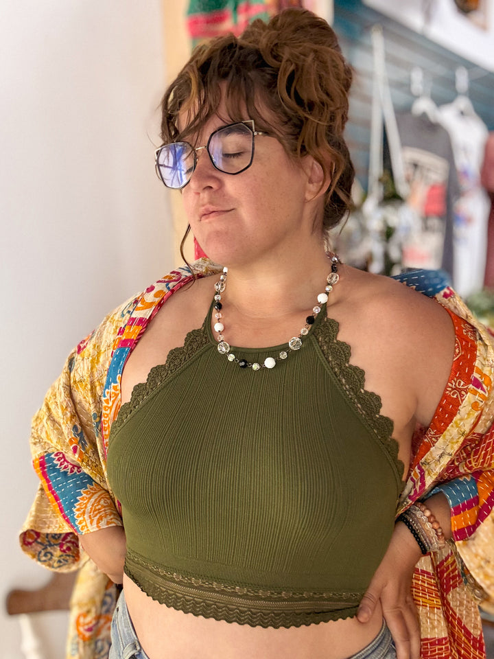 High Neck Crochet Lace Trim Bralette - Olive