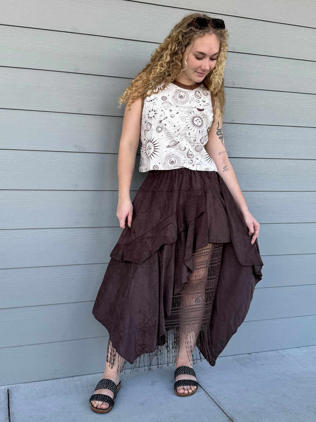 Boho Layered Lace Hem Midi Skirt