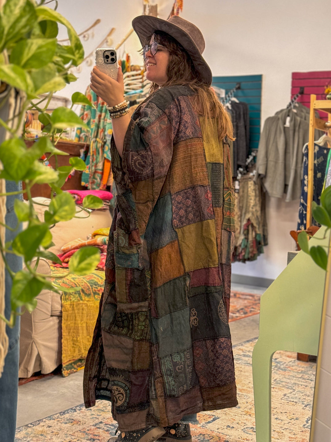 Earthy Boho Duster Patchwork Kimono, Unisex Smock