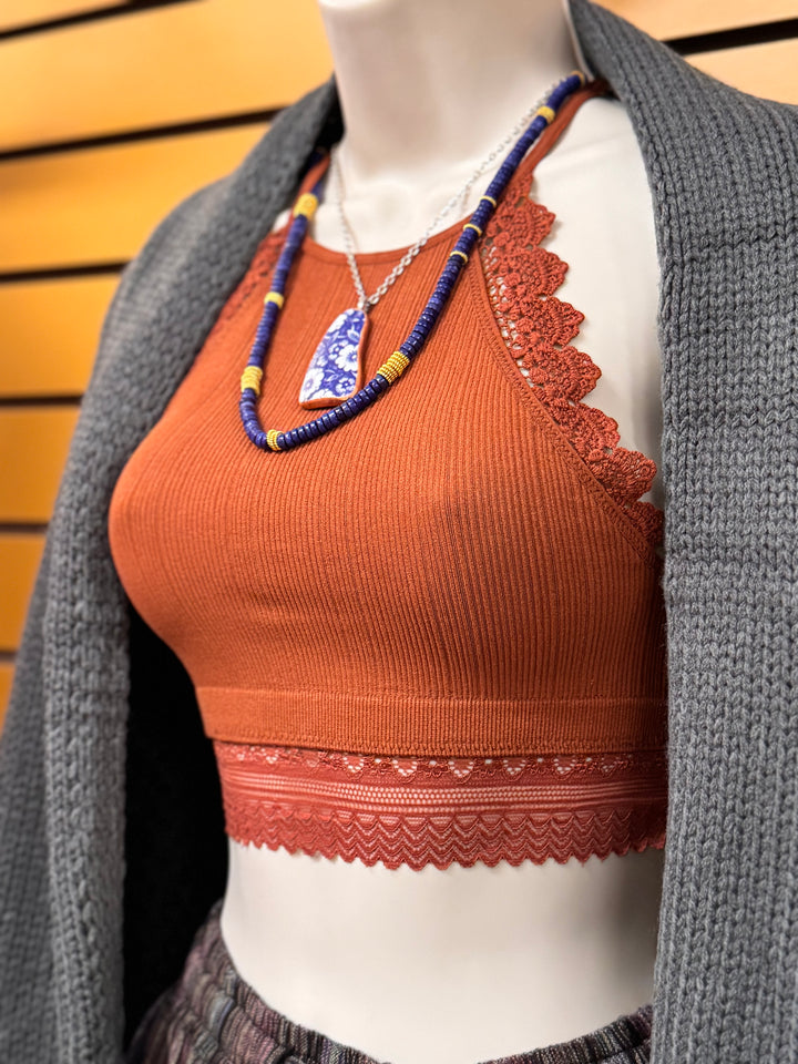 High Neck Crochet Lace Trim Bralette - Fan Favorite: Rust