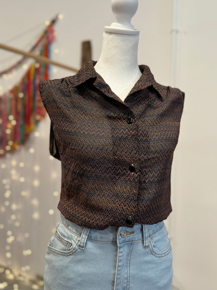 Upcycled Top - Sleeveless Button-Up Blouse - Cinched Waist