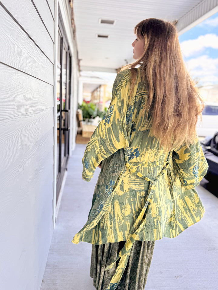 Grey Rose on Yellow - Solace Kimono OOAK