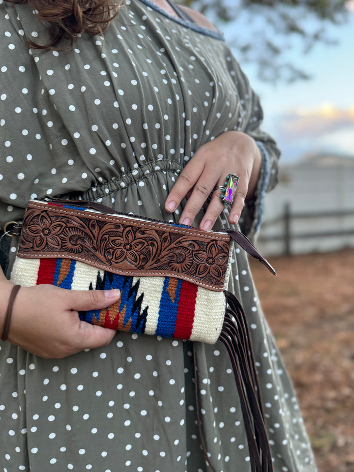 Western Aztec Tooled Leather Tassel Wristlet Purse