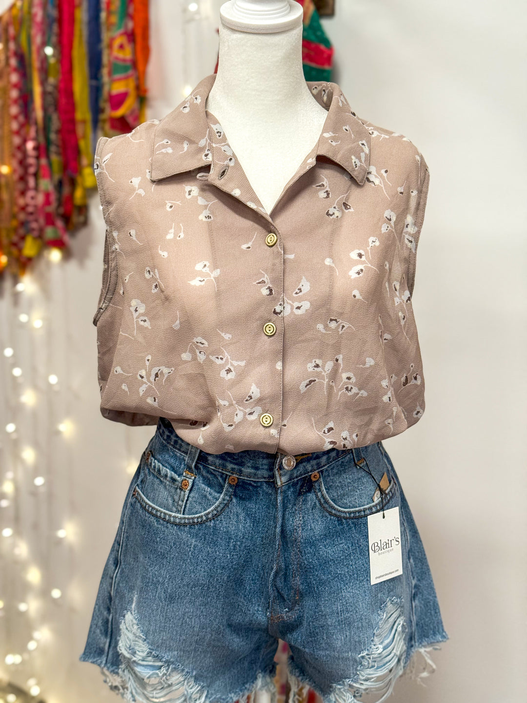 Upcycled Top - Sleeveless Button-Up Blouse - Cinched Waist