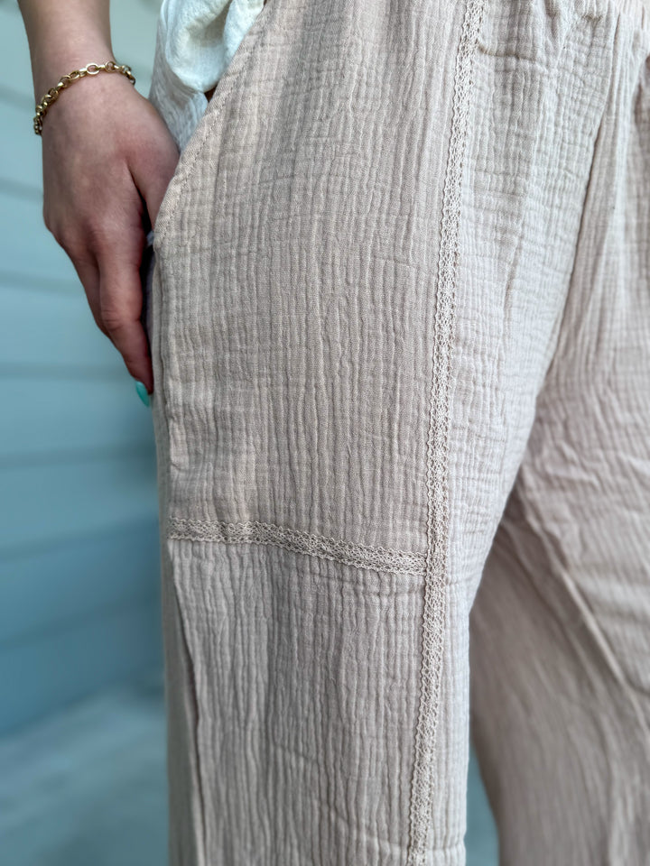 COTTON GAUZE CROPPED WIDE LEG PANT W/ CROCHET LACE TRIM