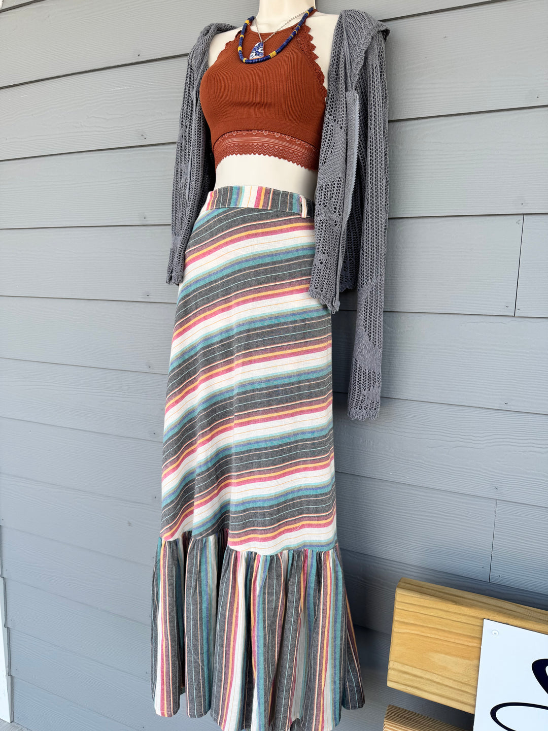Ruffled Maxi Striped Wrap Skirt