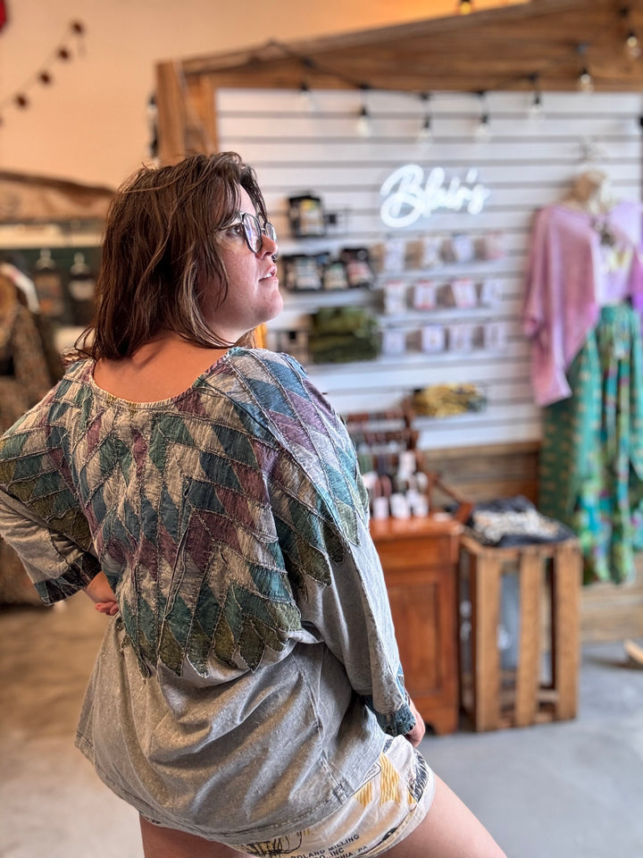 Diamond Patchwork 3/4 Sleeve Top