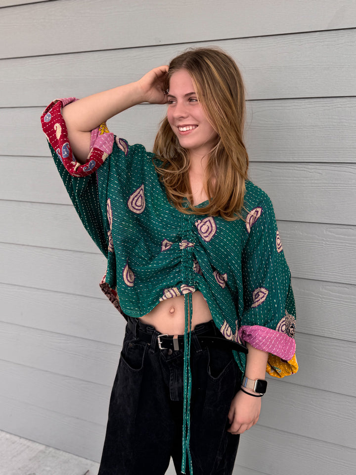 All Teal - Kantha Butterfly Top OOAK