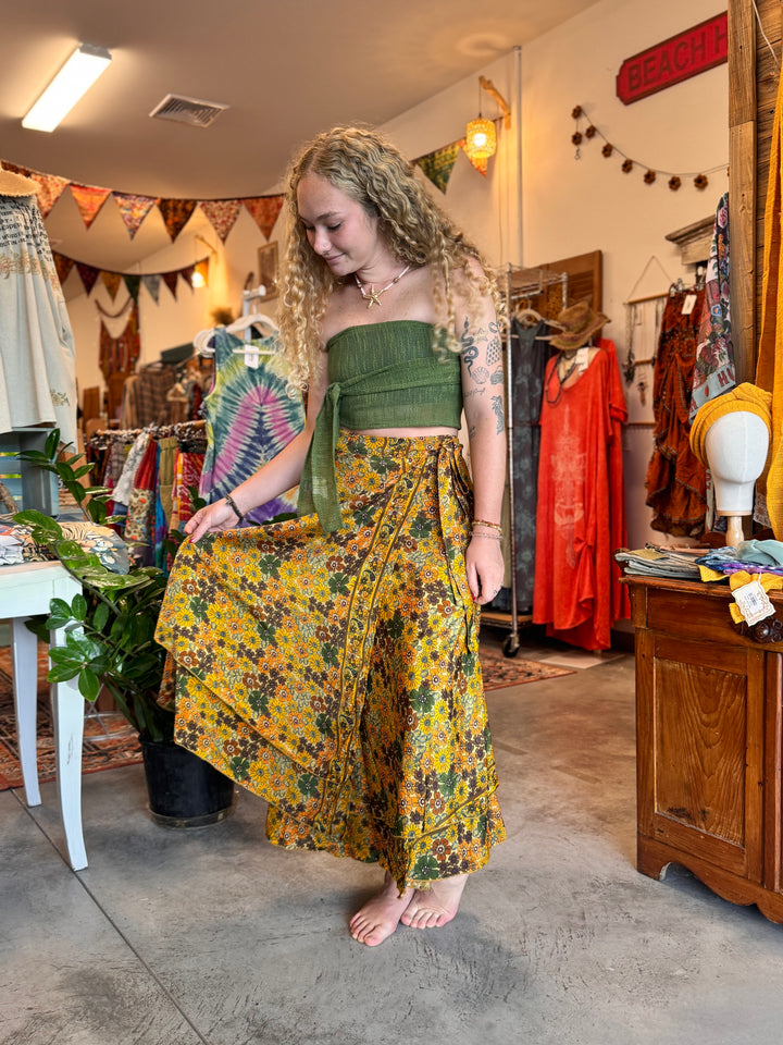 Hippie Boho Style 2 Layer Floral Silk Wrap Skirt