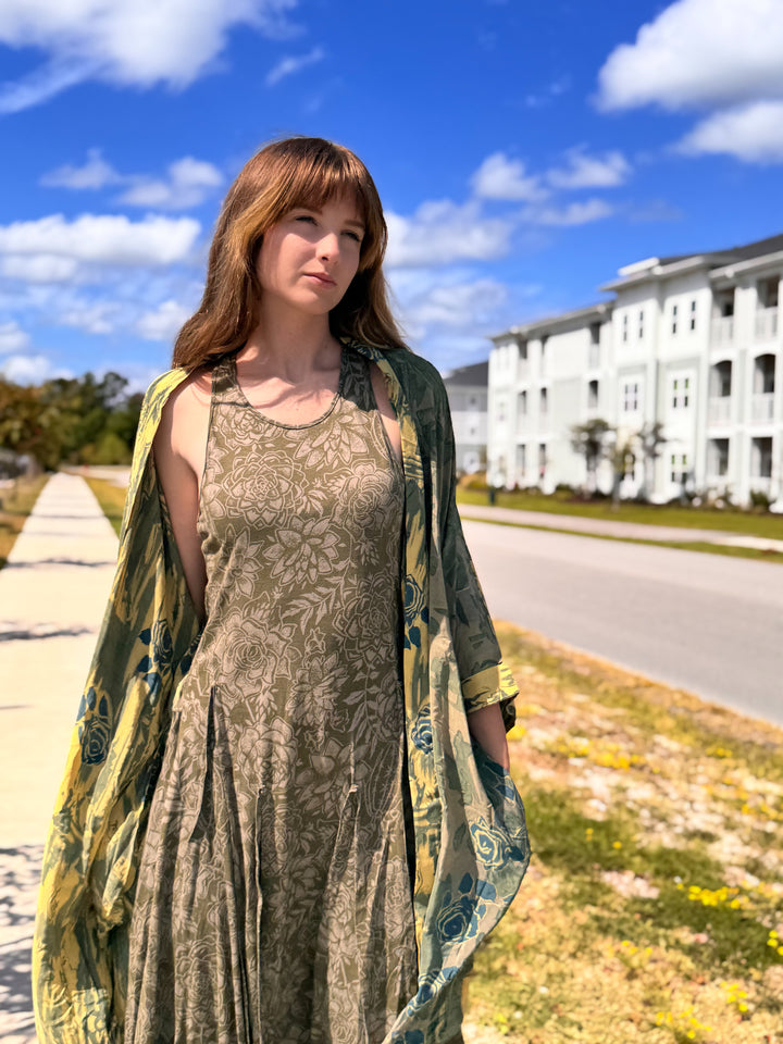 Grey Rose on Yellow - Solace Kimono OOAK