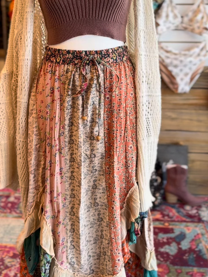 Whimsical Harmony Overdyed Mid-Length Skirt with Rayon Print: Latte