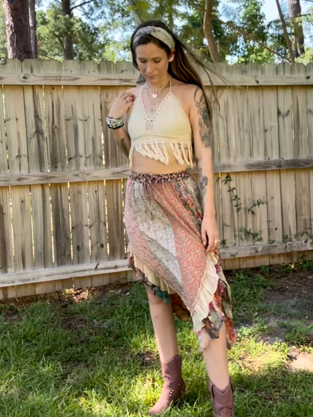 Whimsical Harmony Overdyed Mid-Length Skirt with Rayon Print: Latte