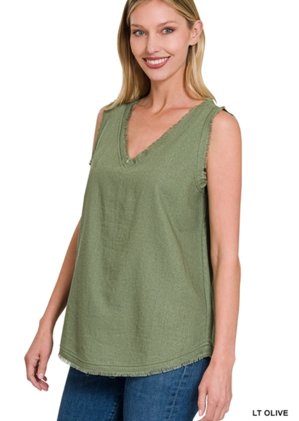 LINEN PRE-WASHED FRAYED EDGE V-NECK SLEEVELESS TOP