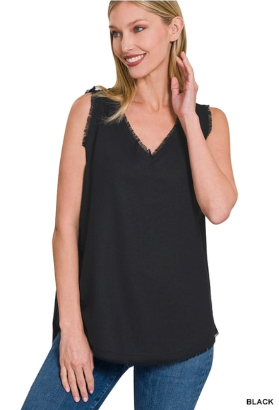 LINEN PRE-WASHED FRAYED EDGE V-NECK SLEEVELESS TOP