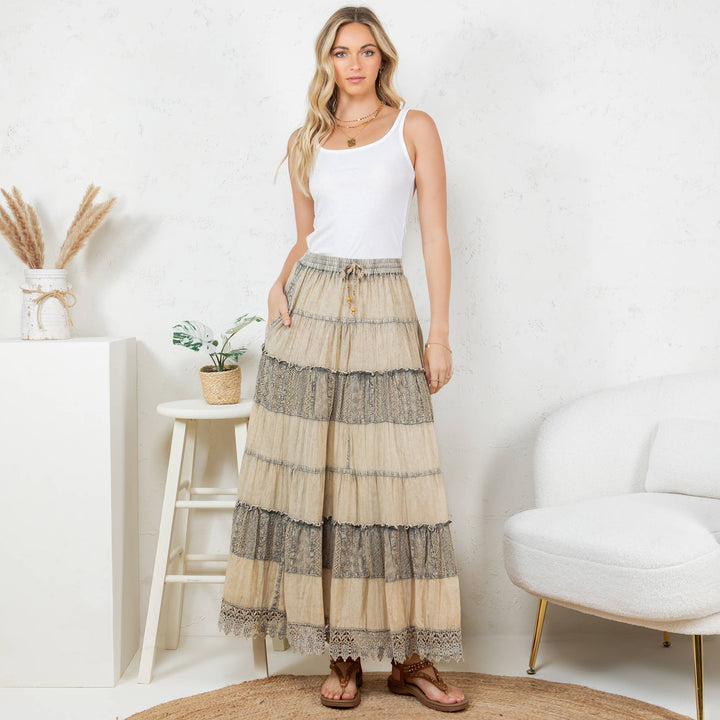 7 Tiered Crinkle Lace Patchwork Skirt with Pocket