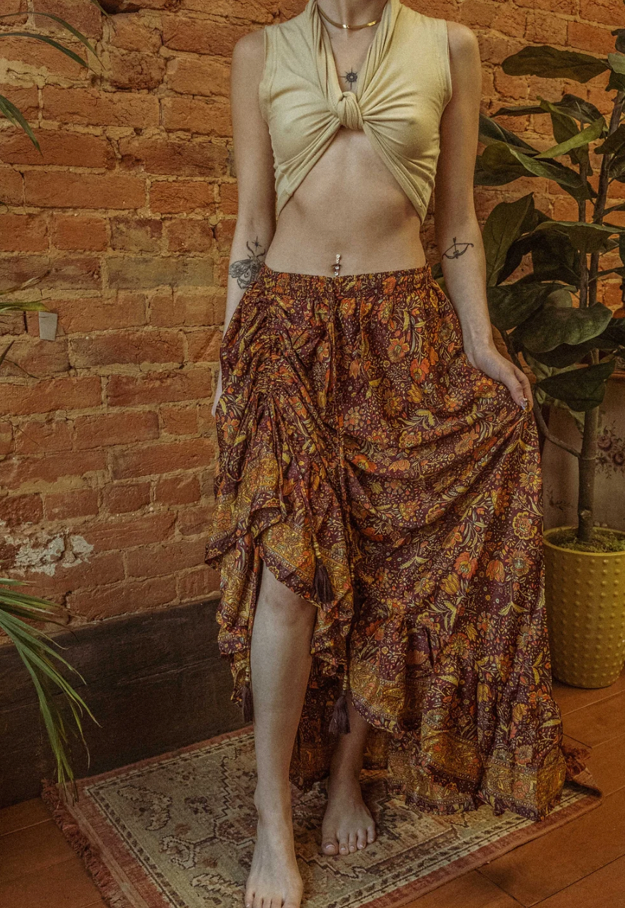 Silk Cinch Ruffle Floral Maxi Skirt