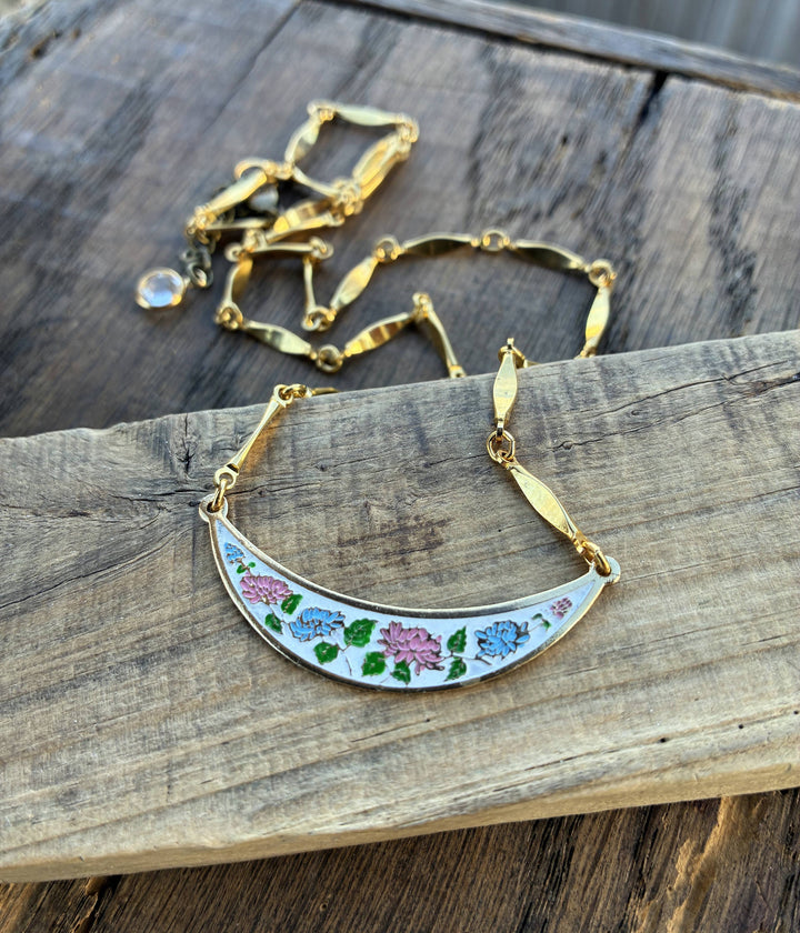 Pink &amp; Blue Enamel Floral Bib Style Necklace
