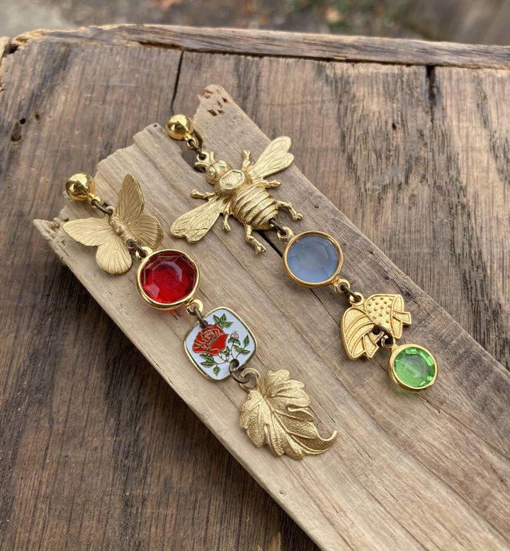 Nature Study Brass &amp; Crystal Charm Earrings