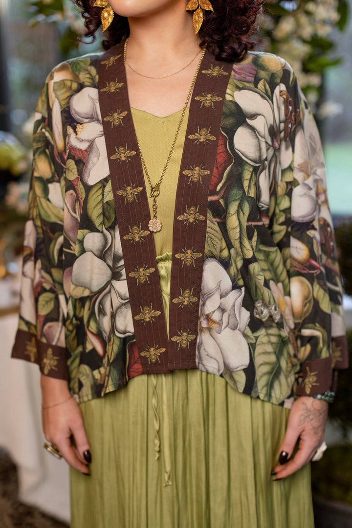 Fleur De Lune Pixie Duster Crop Kimono w/ Florals &amp; Bees