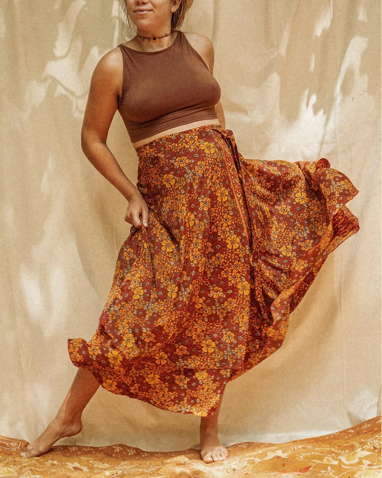 Hippie Boho Style 2 Layer Floral Silk Wrap Skirt