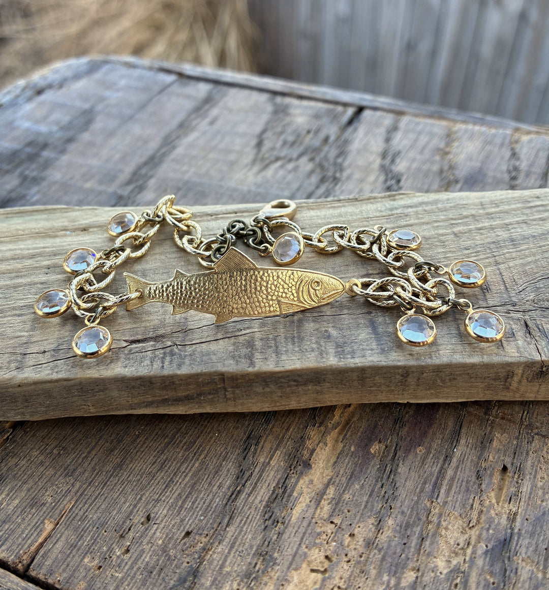 Gold Adjustable Fish Bracelet with Crystal Clear Drops