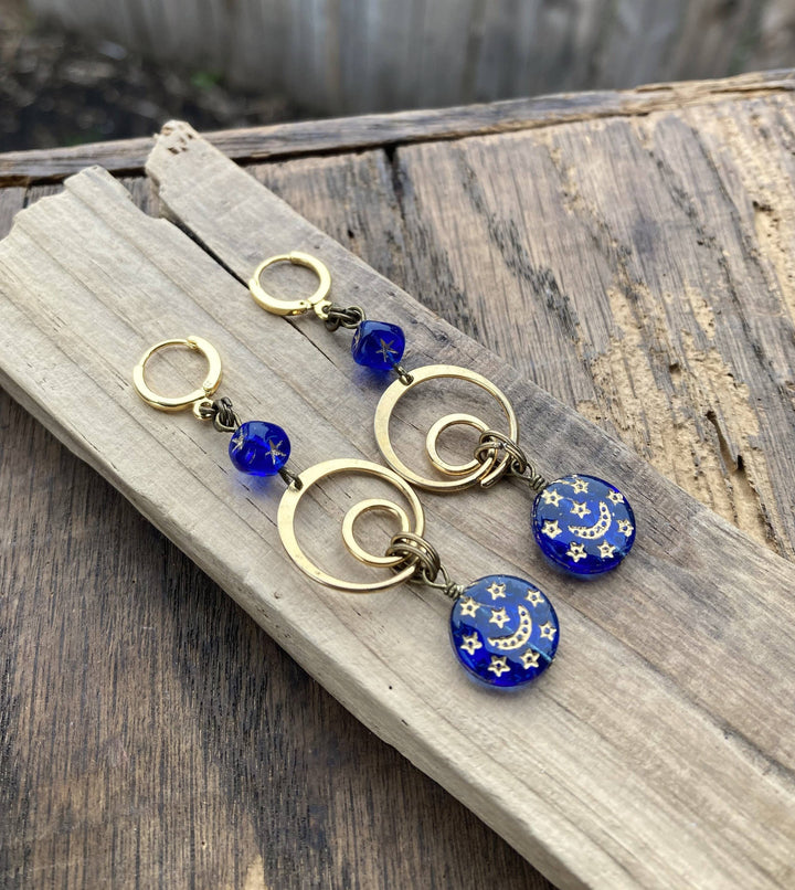 Cobalt Moon &amp; Star Glass Celestial Swirl Dangle Earrings