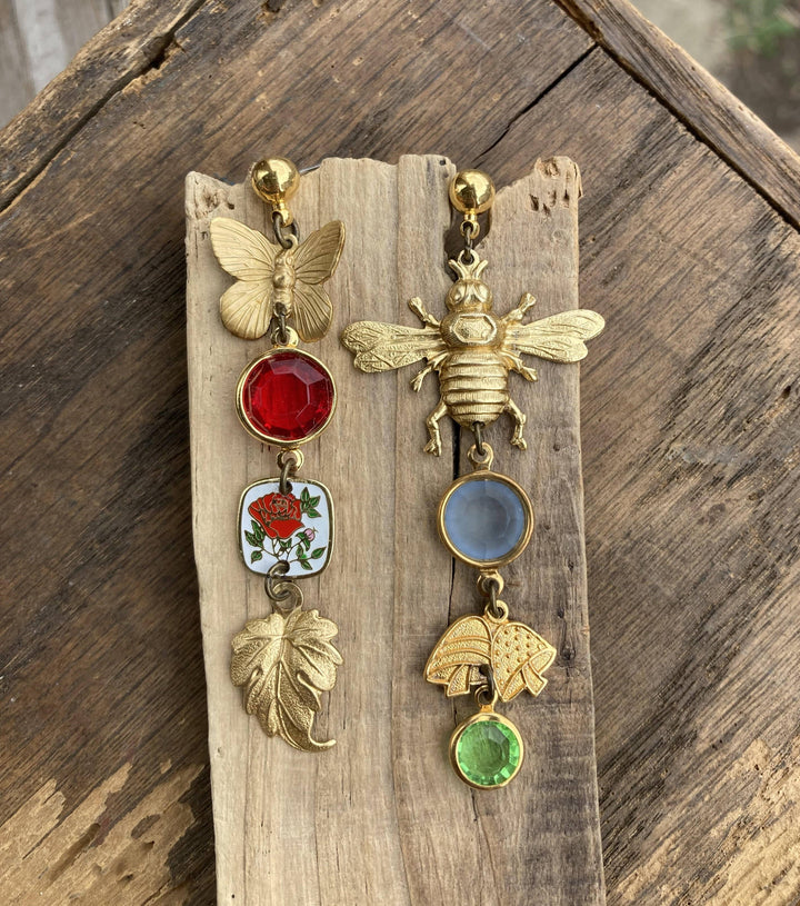 Nature Study Brass &amp; Crystal Charm Earrings