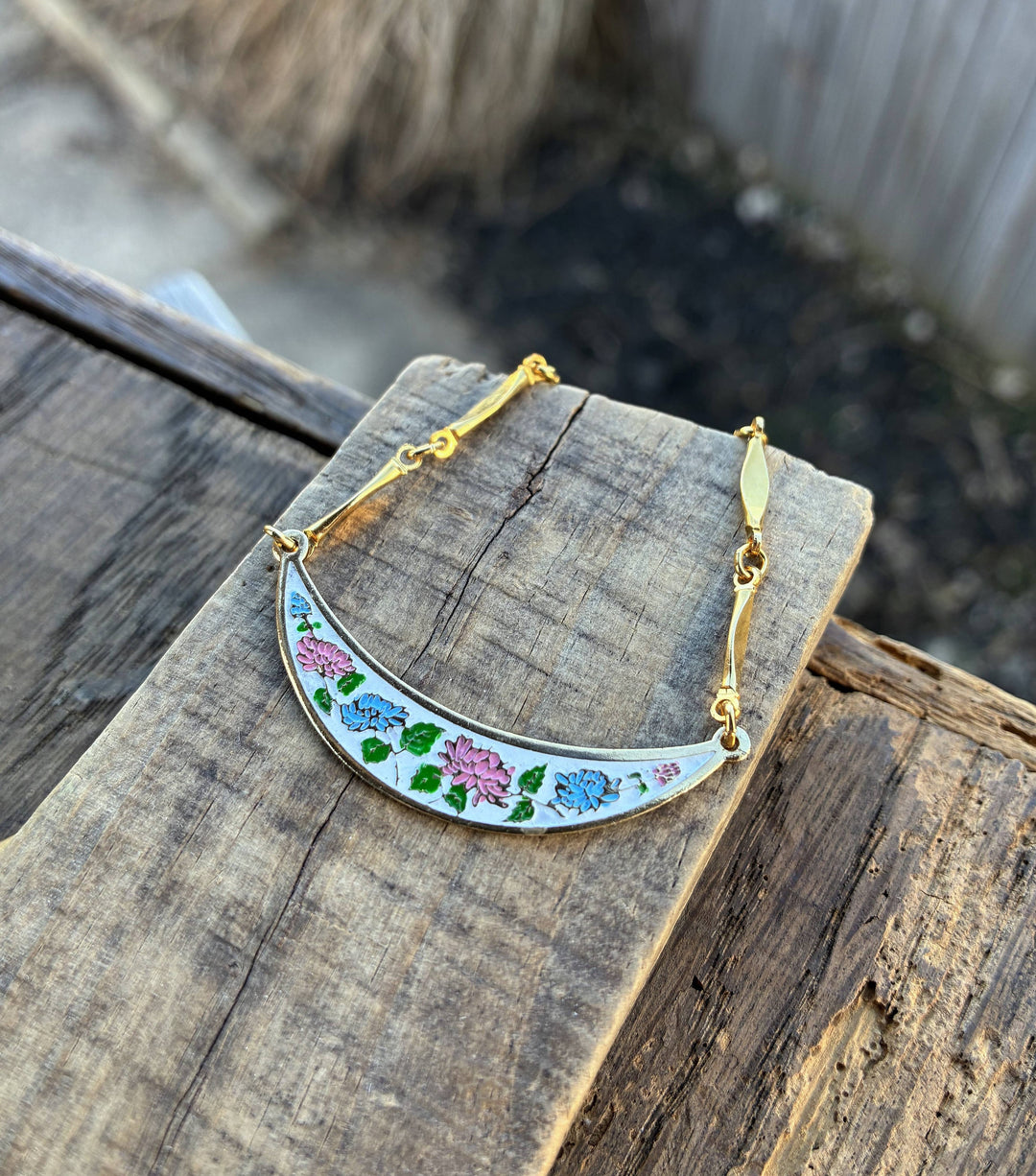 Pink &amp; Blue Enamel Floral Bib Style Necklace