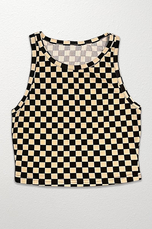 Cropped Checkered Rib Knit Tank