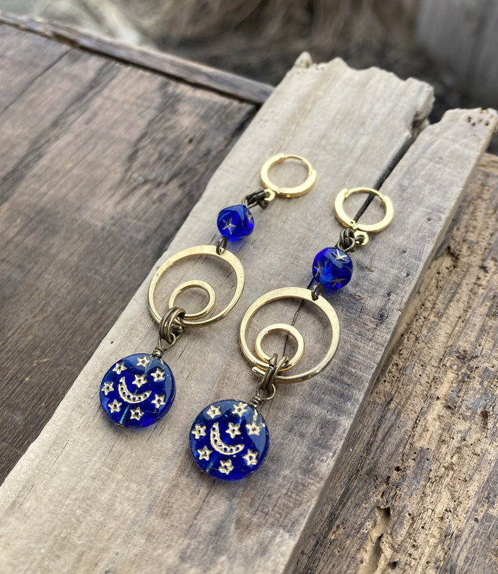 Cobalt Moon &amp; Star Glass Celestial Swirl Dangle Earrings