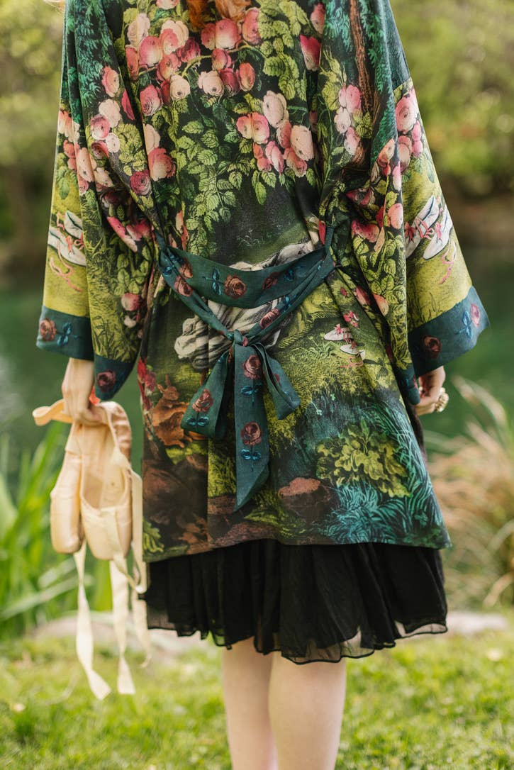 The Daydreamer Matinée Duster Kimono w/ Roses &amp; Rabbits