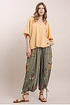 Flower Embroidery Elastic Waist Multi Pocket Pants