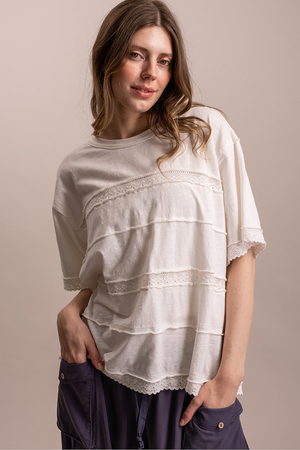 Loose Fit Short Sleeve Lace-Trim Shirt