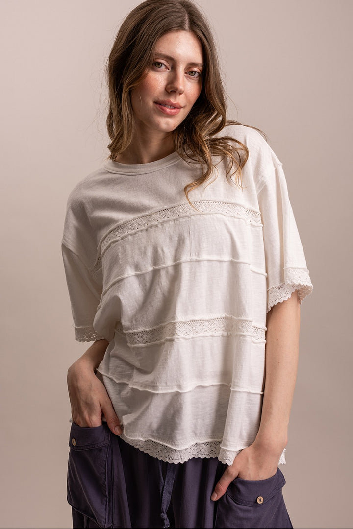 Loose Fit Short Sleeve Lace-Trim Shirt