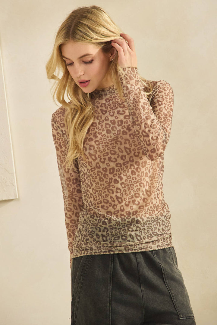 ANIMAL PRINT MESH LONG SLEEVE TURTLE NECK