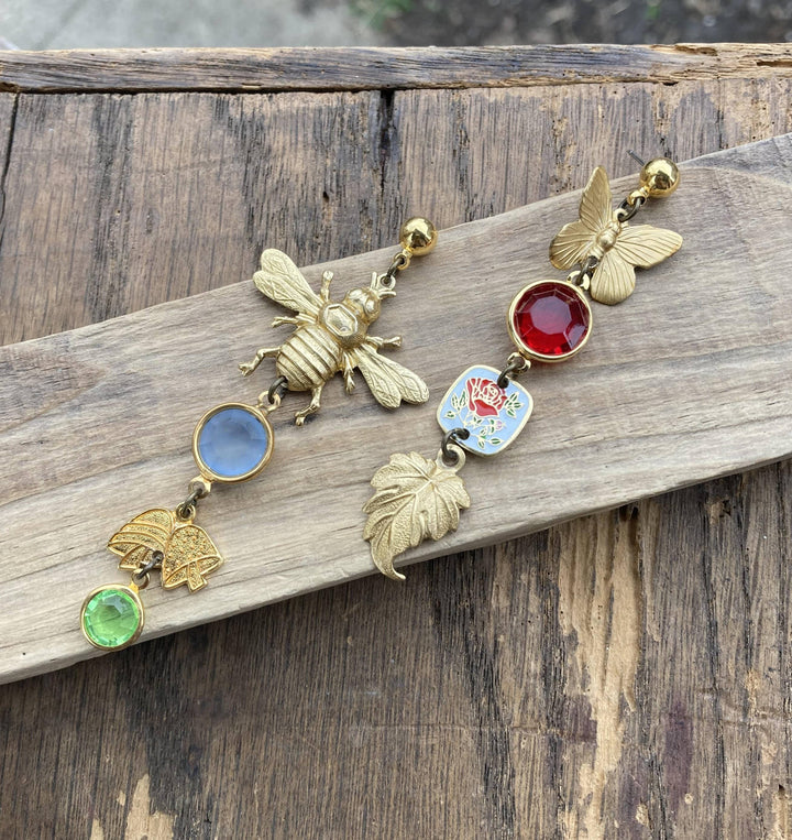 Nature Study Brass &amp; Crystal Charm Earrings