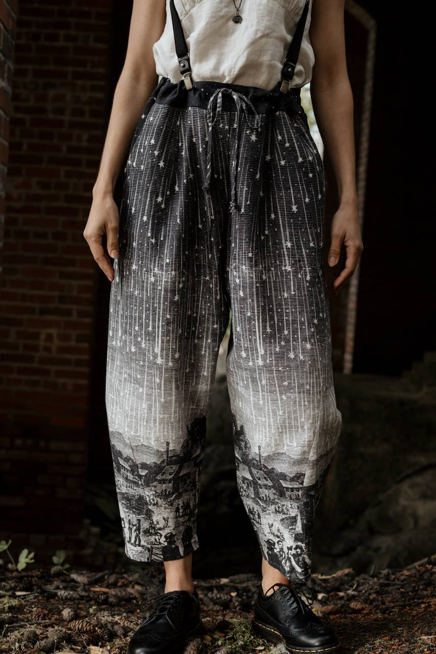 Stargazer Boho Linen Falling Star Print Cropped Artist Pants