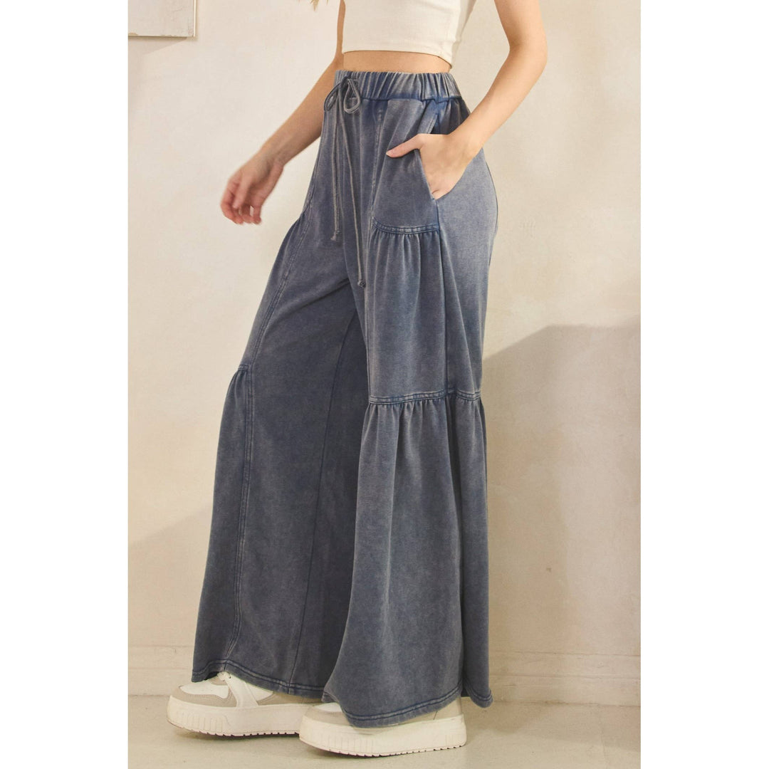 Washed Tiered Wide-Leg Drawstring Pants